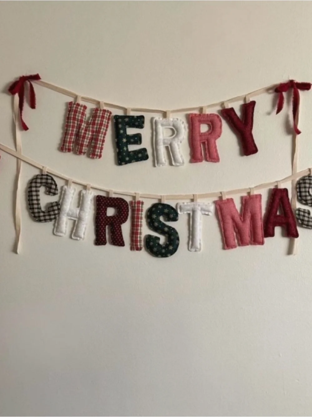 Handmade 'Merry Christmas' Fabric Banner - Red, White, Black Plaid